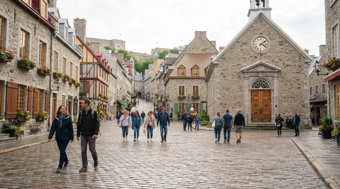 Place Royale en la Baja Villa de la Ciudad de Quebec, adoquines, casas de piedra restauradas y Notre-Dame-des-Victoires bajo la luz suave del día