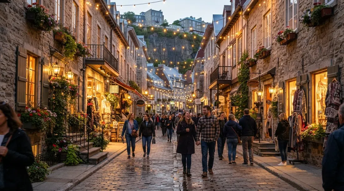Rue du Petit-Champlain al atardecer en la Ciudad de Quebec, guirnaldas de luces brillando sobre adoquines y macetas de flores, fachadas de piedra a ambos lados