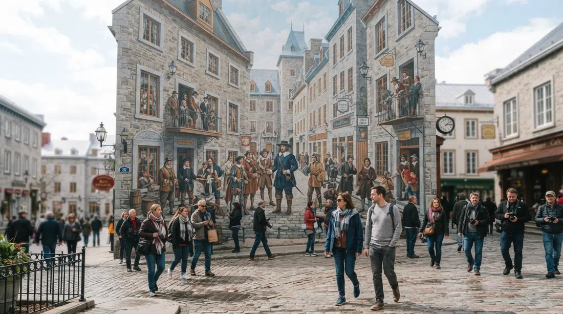 el mural Fresque des Québécois en la Rue Notre-Dame, un gigantesco trampantojo mural lleno de figuras históricas y casas antiguas