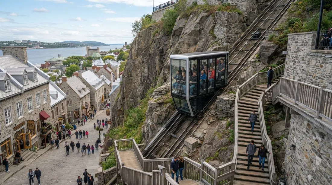 el Funiculaire du Vieux-Québec de cristal subiendo el acantilado junto al Escalier Casse-Cou, con la Baja Villa abajo