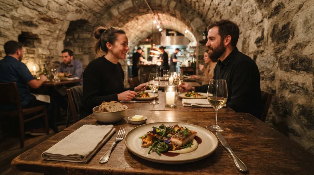 un plato del menú de degustación en Tanière³ en una bodega de bóveda de piedra, alta cocina de terruño quebequense bajo una luz cálida y tenue