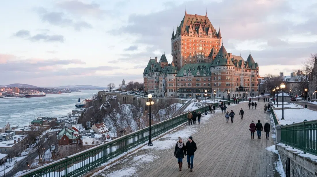 das Château Frontenac, das sich bei Sonnenaufgang über der Klippe erhebt, grün-kupfernes Dach über der Dufferin-Terrasse und dem Sankt-Lorenz-Strom leuchtet