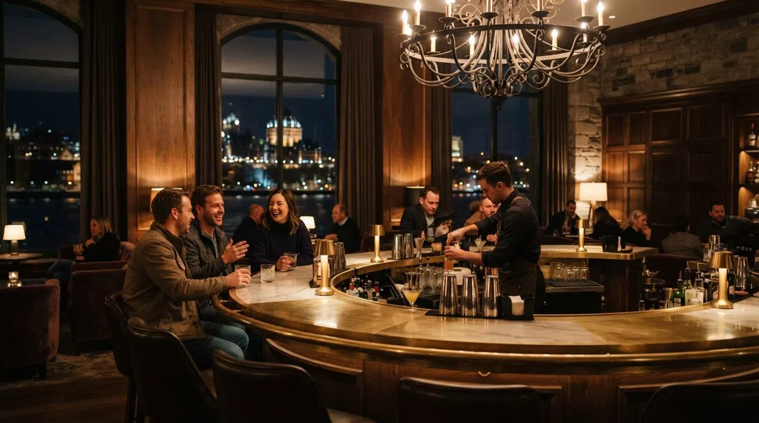 Bar 1608 im Château Frontenac, runde Messing-und-Marmor-Bar, Kronleuchter darüber, Sankt-Lorenz-Strom durch hohe Fenster bei Nacht sichtbar