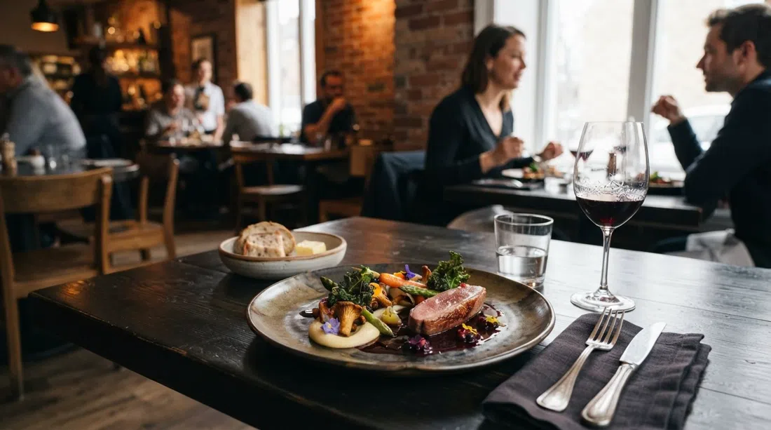 ein raffiniertes Fünf-Gänge-Tasting-Gericht im ARVI an der 3e Avenue, delikate Québec-Zutaten mit der Präzision eines Feinschmecker-Restaurants auf einem dunklen Tisch angerichtet
