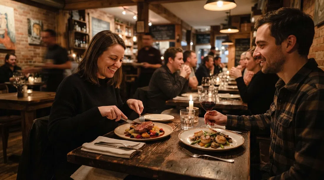 der warme Speiseraum von La Planque an der 3e Avenue, schwaches Licht auf saisonale Québec-Gerichte und intime Bistrotische