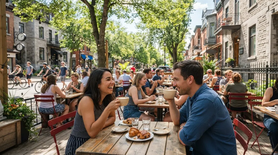 eine sonnige Terrasse der Brûlerie Limoilou an der 3e Avenue, Kaffeetassen, Gebäck und Straßenbäume im Sommerlicht