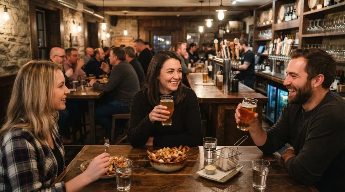 der Schankraum von La Souche am Chemin de la Canardière, Reihen von Hausbieren und herzhafte Pub-Gerichte in warmem Tavernen-Ambiente