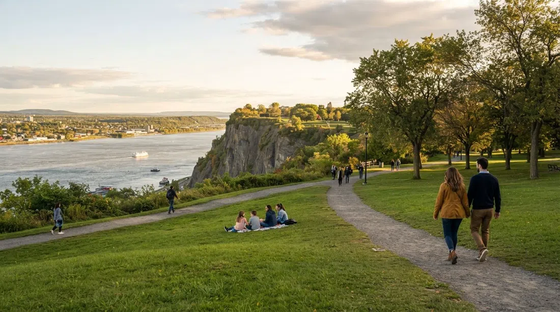 Die Plains of Abraham, ein Cliff-Top-Park im späten Nachmittagslicht, offenes Grasland, das zum Sankt-Lorenz-Strom und zu fernen Flussblicken führt