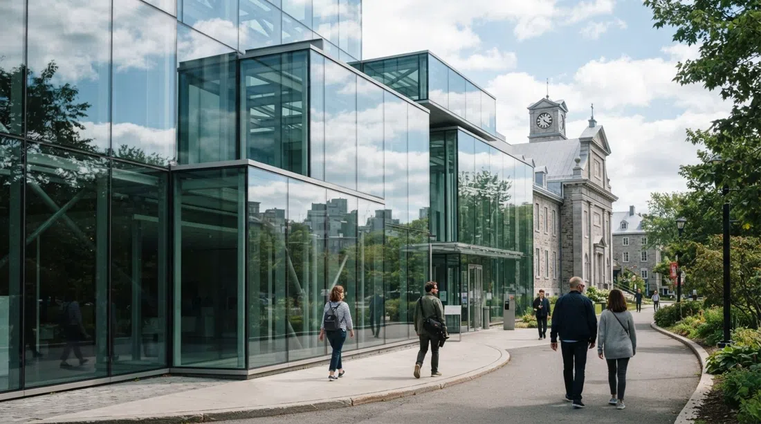 Der gläserne Pierre-Lassonde-Pavillon des MNBAQ, dessen zeitgenössische Fassade den Himmel neben den älteren Museumsgebäuden spiegelt