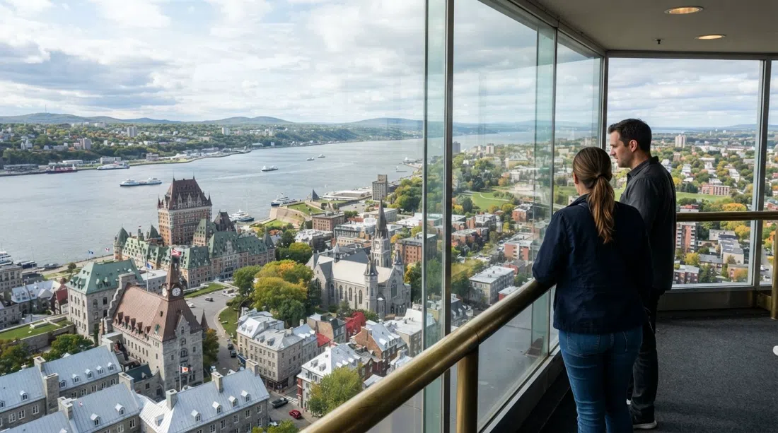 Die 360-Grad-Aussicht vom Observatoire de la Capitale, die über die Altstadt, den Fluss und Montcalm aus der Vogelperspektive blickt