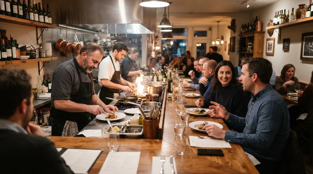 Bistro B an der Avenue Cartier, mit Thekenplätzen zur offenen Küche und warmem Licht, das in den Speiseraum fällt