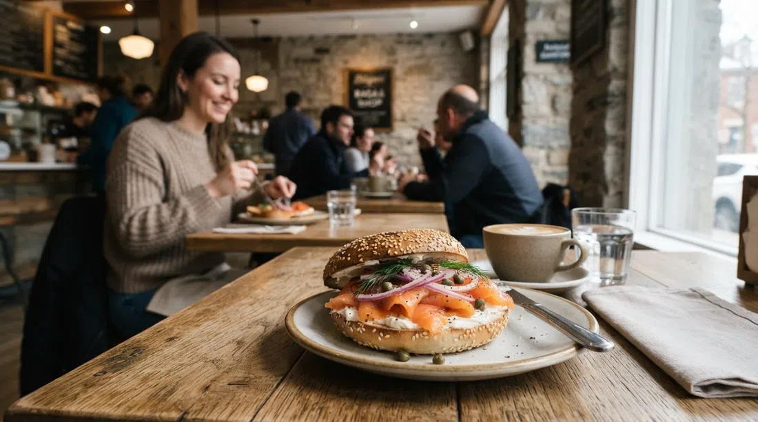 Ein im Holzofen gebackener Bagel mit hausgepökeltem Gravlax bei Bügel, im Nahaufnahme-Foto auf einem Holztisch