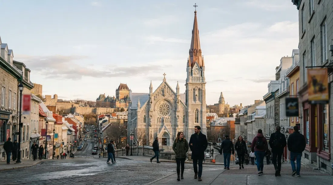 Die Marmorfassade und der hohe Turm der Église Saint-Jean-Baptiste, die sich am späten Nachmittag über die Rue Saint-Jean erheben, mit den steilen Dächern des Viertels darunter
