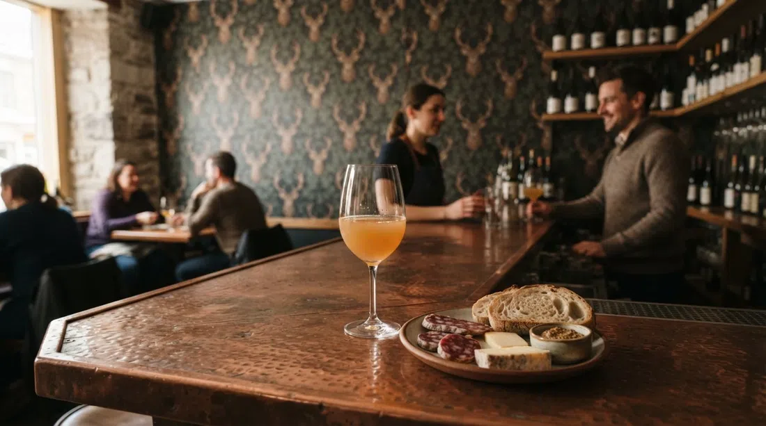 Die Kupfertheke und Hirschtapete im Inneren der Buvette Scott, mit einem Glas Naturwein und einem kleinen Terroir-Teller auf der Theke
