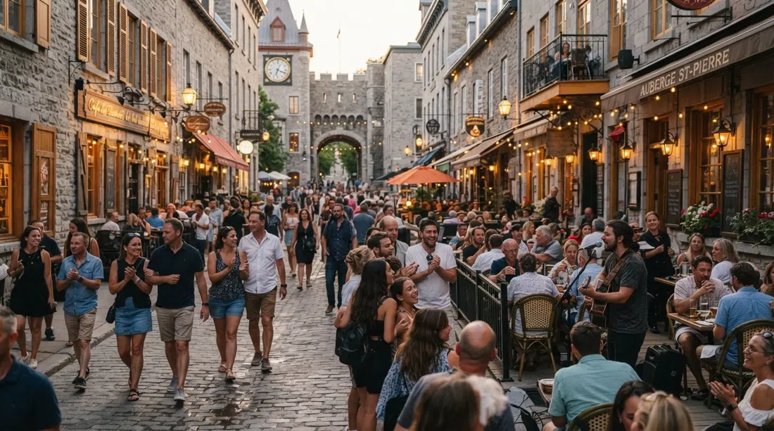 Die Rue Saint-Jean während der Fußgängerzone im Sommer, mit Terrassen, Straßenmusikanten und Abendlicht, das die gesperrte Straße füllt
