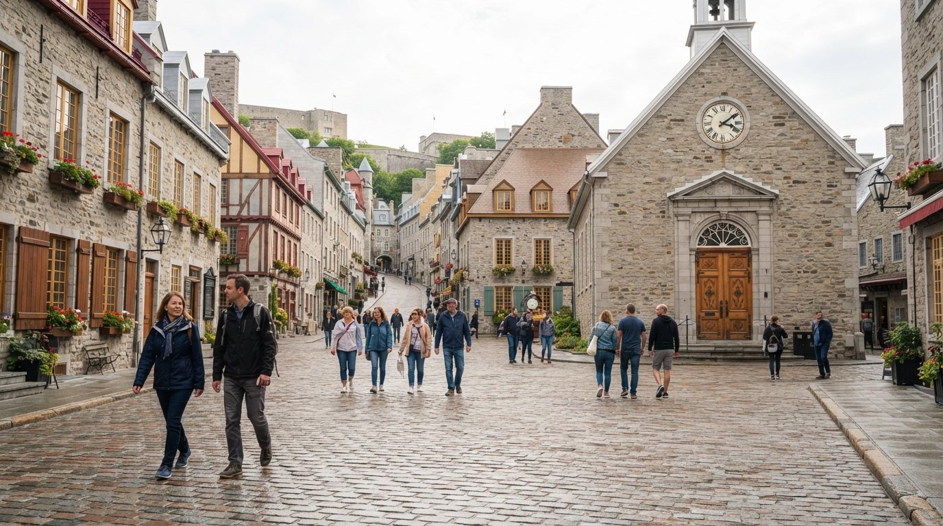 Place Royale in Quebec City’s Lower Town, cobblestones, restored stone houses and Notre-Dame-des-Victoires under soft daylight