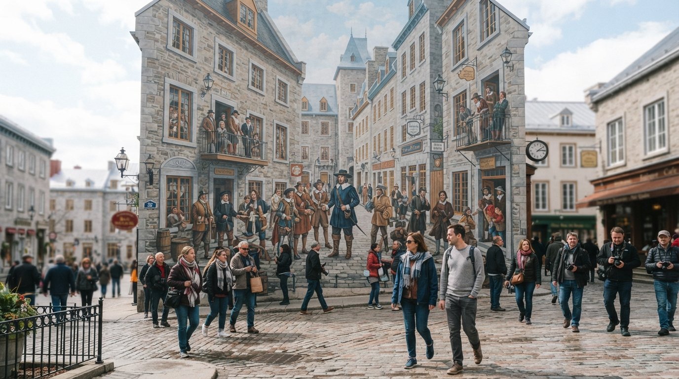 the Fresque des Québécois mural on Rue Notre-Dame, a giant trompe-l'œil wall painting packed with historic figures and old houses