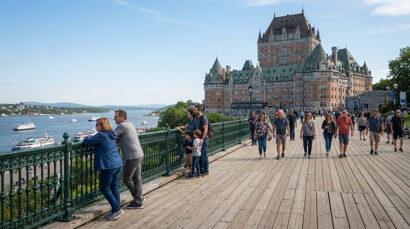 Dufferin Terrace beside the Château Frontenac on a clear afternoon, wooden boardwalk, river beyond, visitors leaning on the rail