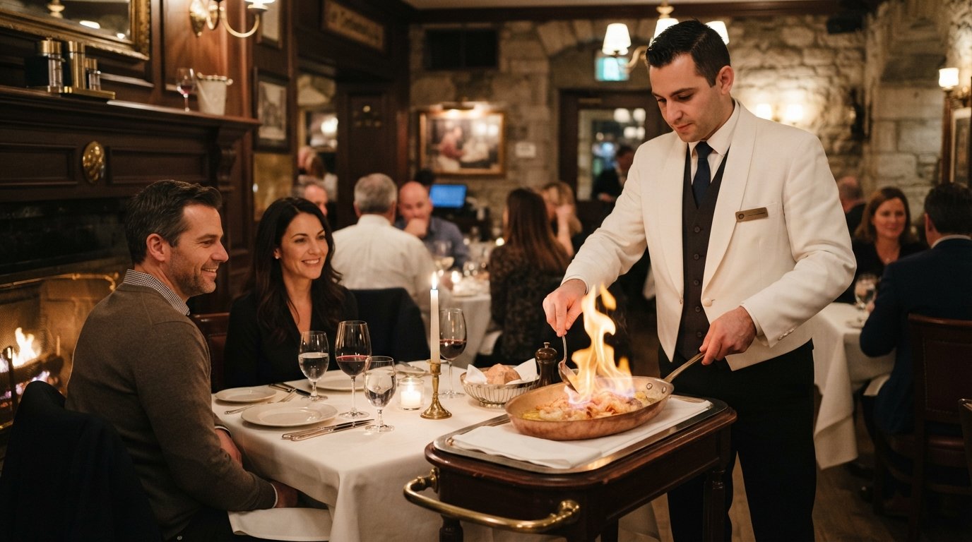 a tableside flambé service at Le Continental on rue Saint-Louis, white-jacketed waiter finishing scampi beside a candlelit table